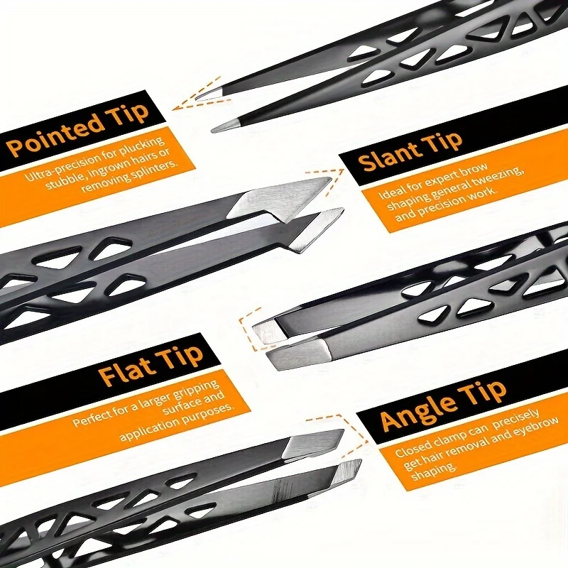 4개입 스테인리스 정밀 핀셋 전문가용 사선 끝, 평평한 끝 및 각진 끝 눈썹 정리 및 잔해 제거용
