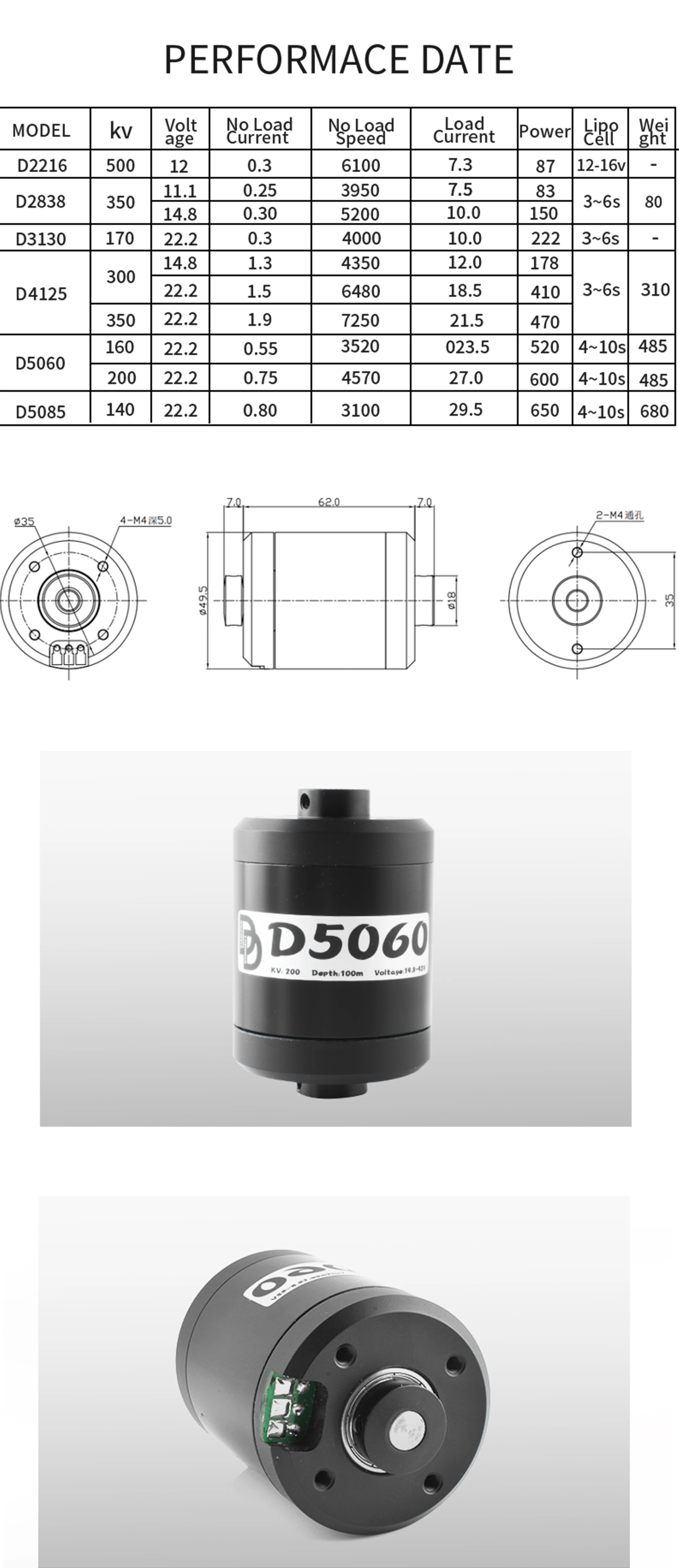 DD 5060, 200KV, 14,9-42V, 600W, Bürstenlosen Motor, Wasserdicht, unterwasser 200m, Für ROV, Unbemannte Schiff, Unterwasser – Detail 6