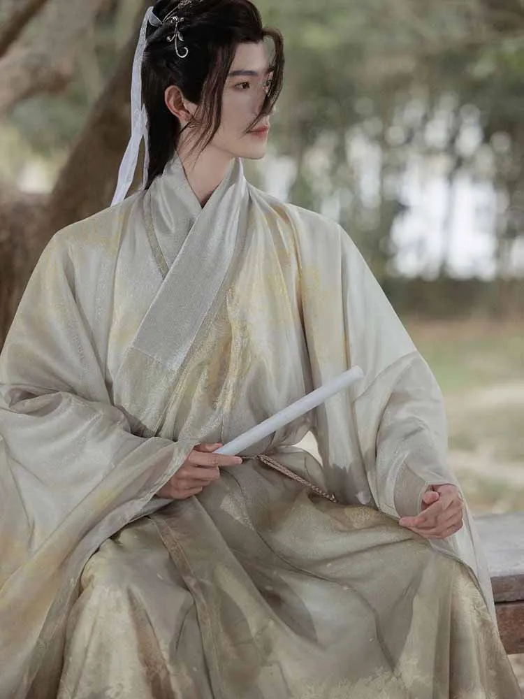 Deluxe Hanfu Gown Men Chinese Vintage Style Print Blended