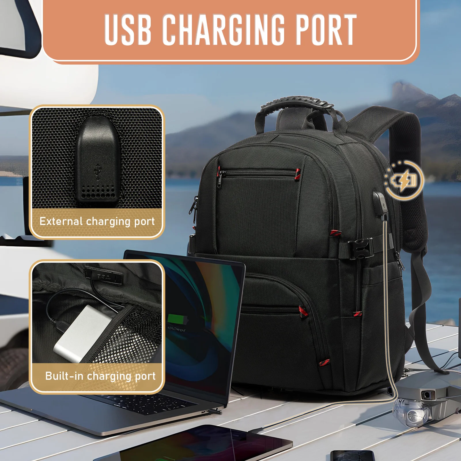 Extra Large Durable Travel Backpack with USB Charging Port, Man's Laptop Bag College Backpack Airline Approved Business Work Bag 6