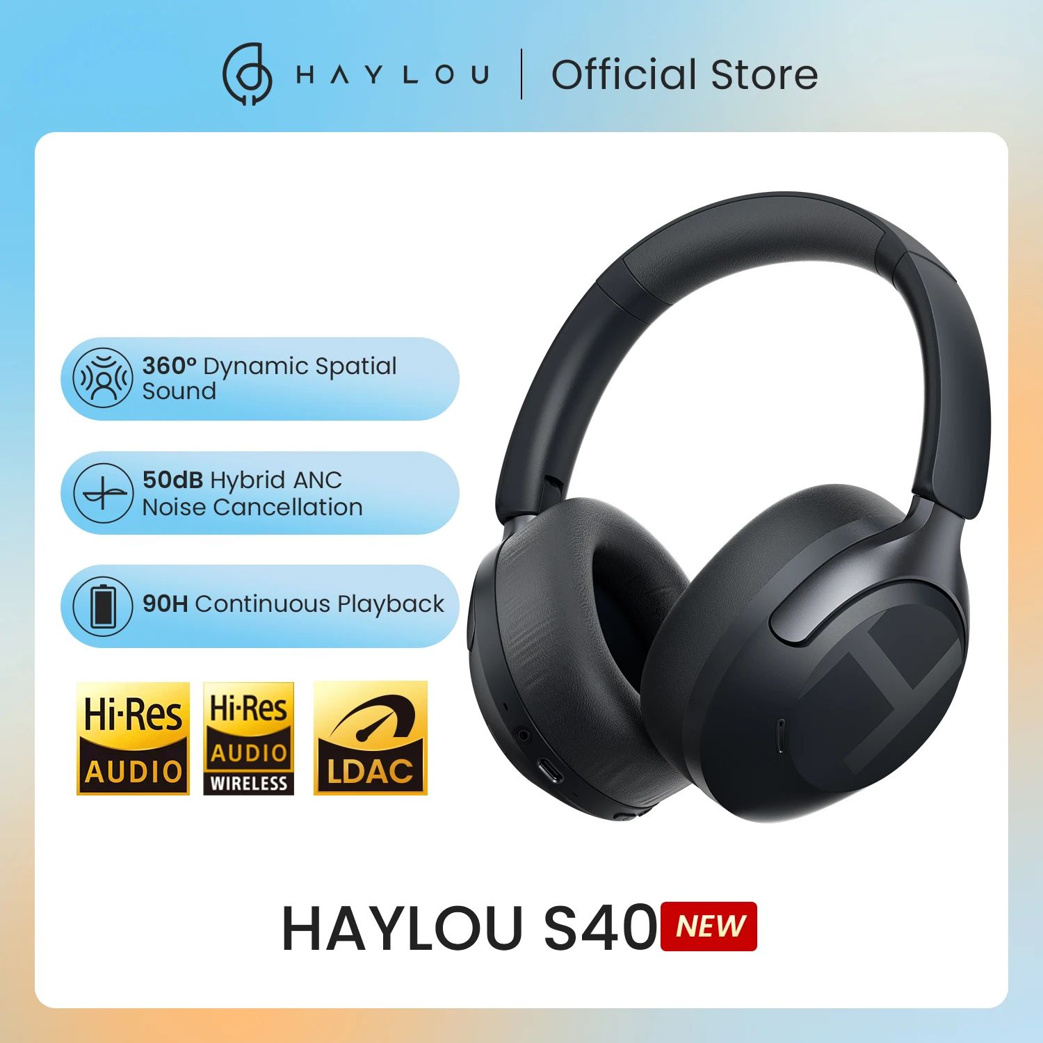 HAYLOU S40 ANC Wireless Headphone 50dB Noise Canceling Hi-Res 3D Spatial Audio LDAC Bluetooth 6.0 Over Ear