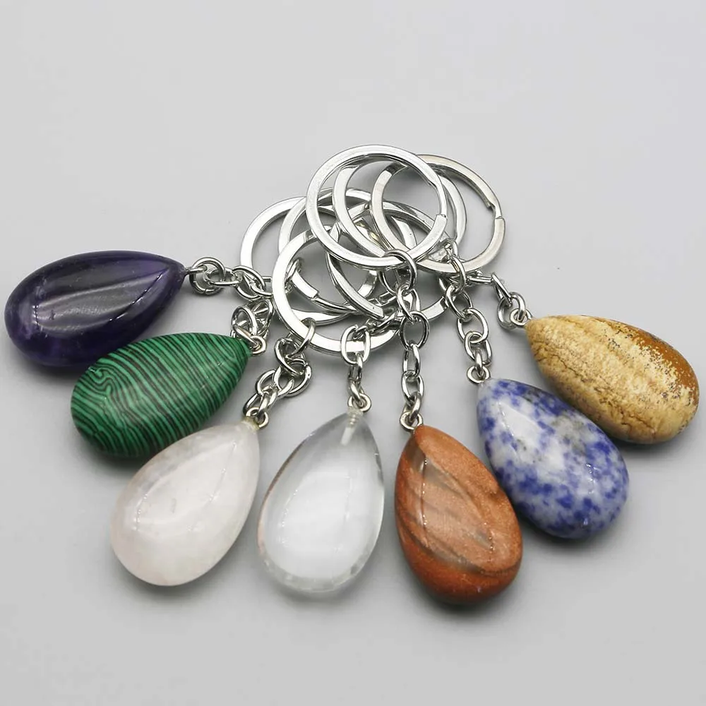 Natural Stone Water Drop Crystal Agate Key Chain Fashion Luggage Pendant Stainless Steel Keys Ring Quality Jewelry Wholesale 4Pc
