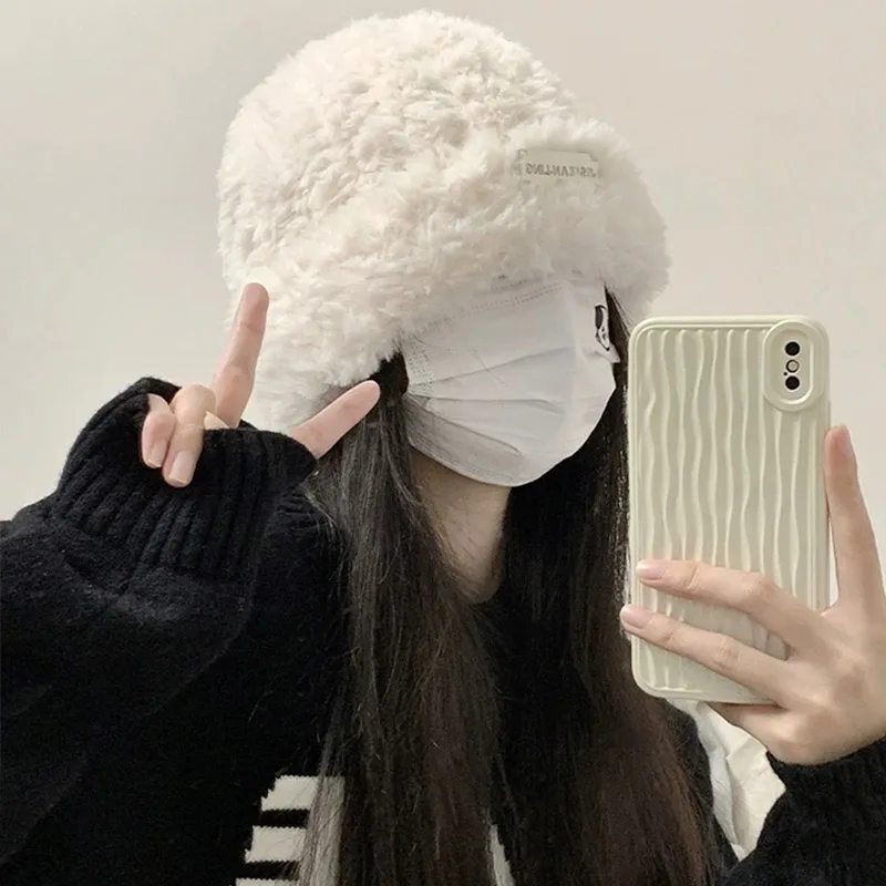 Winter New Thick Women Solid Color Soft Thicken Plush Beanies Hat Korean Ladies Girls Ski Skate Ear Warm Caps_voghion.com