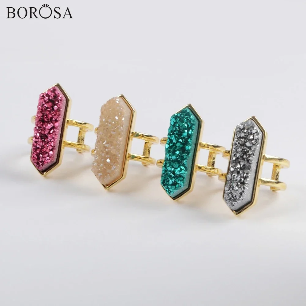 

BOROSA 5/10PCS Hexagon Druzy Rings Golden Plated Geometry Open Finger Ring For Women Men Fashion Jewelry Accessories Wholesale