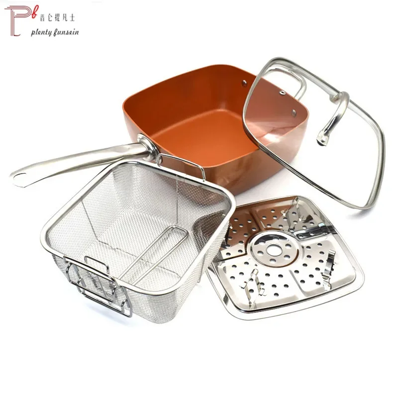 

4Pcs Nonstick Copper plating Square Pan Induction Chef W/Glass Lid Fry Basket Steam Rack 9.5 Inches Kitchen Cookware Set