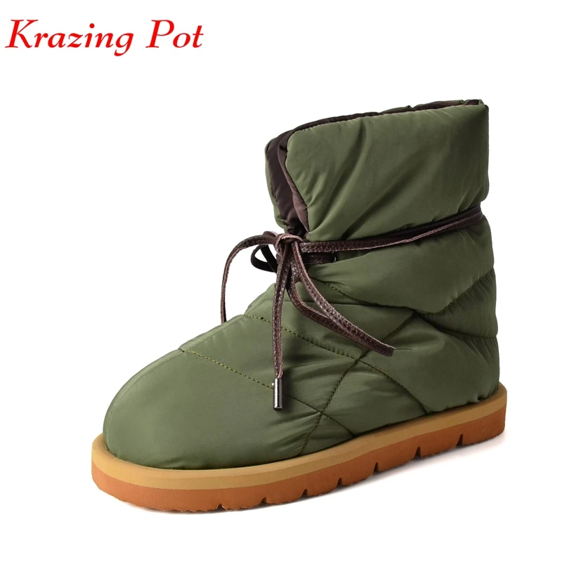 

Krazing Pot Down Cloth Keep Warm Brand Round Toe Med Heels Snow Boots Winter Platform Fashion Casual Lace Up Luxury Ankle Boots