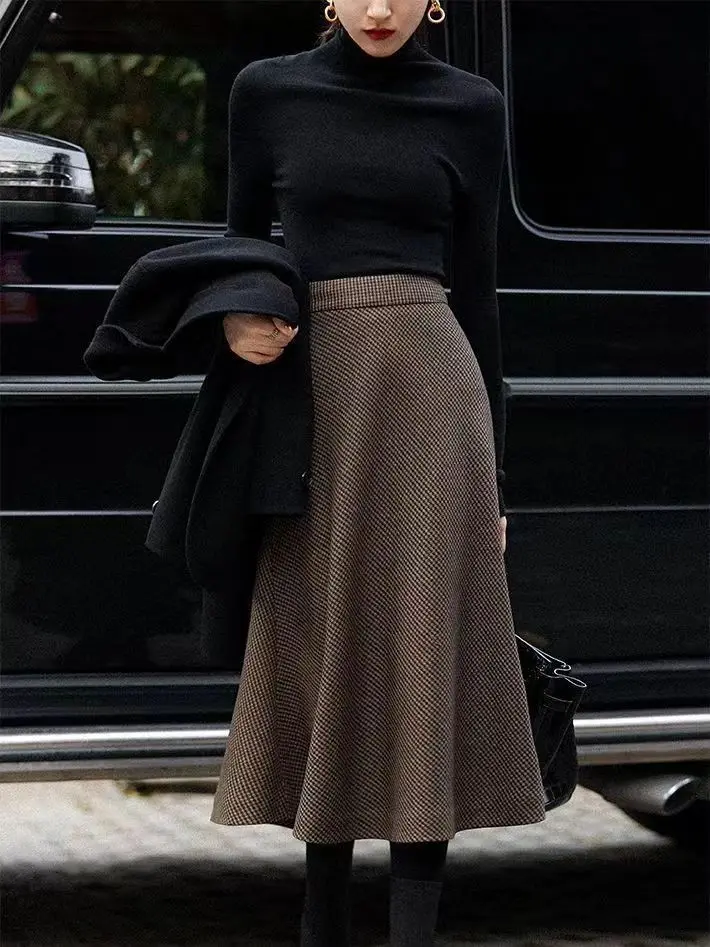 

Женская Длинная шерстяная юбка, элегантная повседневная трапециевидная юбка с высокой талией из твида, Осень-зима 2023