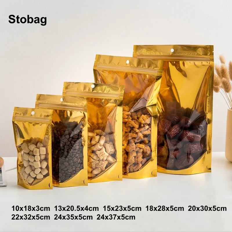 

StoBag 100pcs Gold Aluminum Foil Food Packaging Bag Ziplock Hang Hole Sealed Storage for Candy Beans Nuts Reusable Wholesale