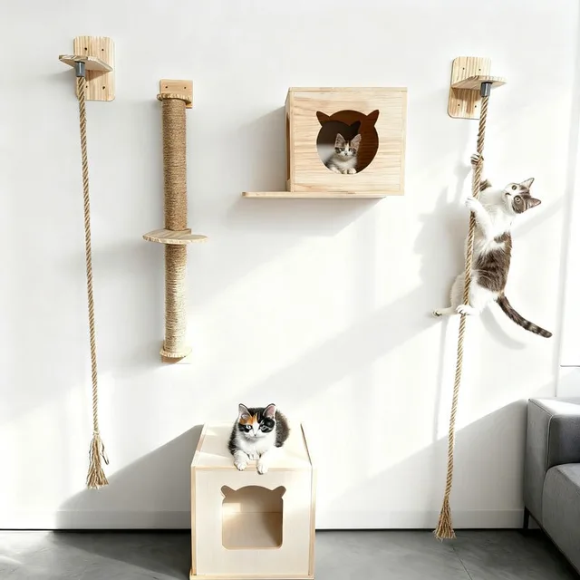 Wall-Mounted Natural Wooden Cat Scratching Post with Sisal Rope Cat Climbing Shelf Perfect for Cat Climbing and Grinding Claw Wall-Mounted Natural Wooden Cat Scratching Post with Sisal Rope Cat Climbing Shelf Perfect for Cat Climbing and Grinding Claw