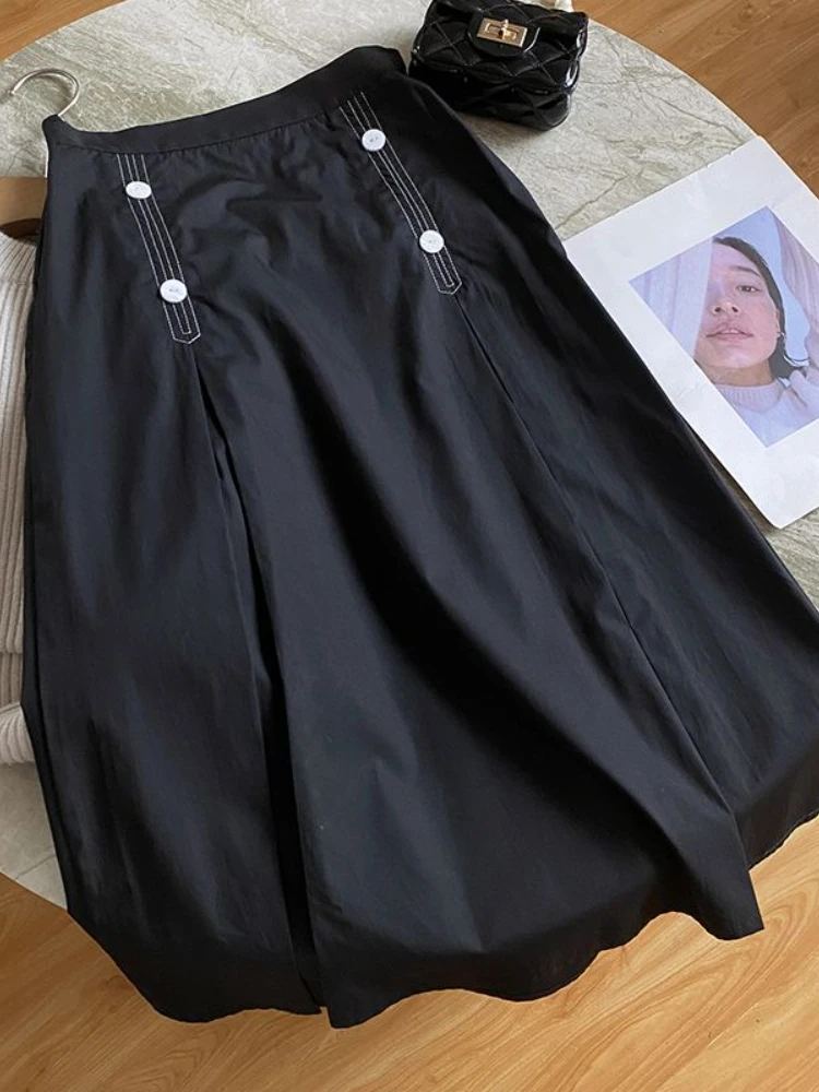 

Fitaylor New Spring Summer Women Fashion Elastic High Waist Long Skirts Lady Casual Solid Color Buttons A-line Skirt
