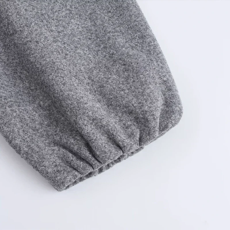 Retro Solid Woolen Women's Bomber Jacket Long Lantern Sleeves Pockets O-neck Loose Female Coat Autumn High Street Outwears