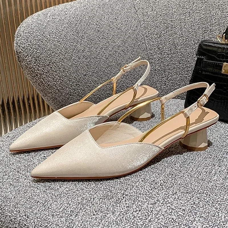 Summer Pointed Toe Silk Pumps Women Back Strap Buckle Thick Heels Sandals Woman Shallow Mouth Party Shoes Ladies