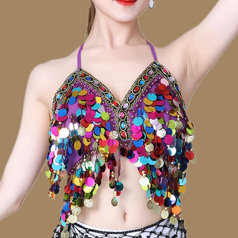

Shiny Sequins Belly Dance Bra Costume Adult Halter Push Up Rhinestone Outfits Club Party Festival Rave Performance Crop Tops