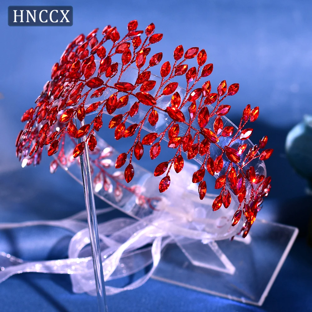HNCCX 럭셔리 레드 컬러 라인스톤 머리띠 신부 와이드 헤어 밴드 웨딩 헤어 액세서리 여성 파티 이벤트 헤드피스 HP237