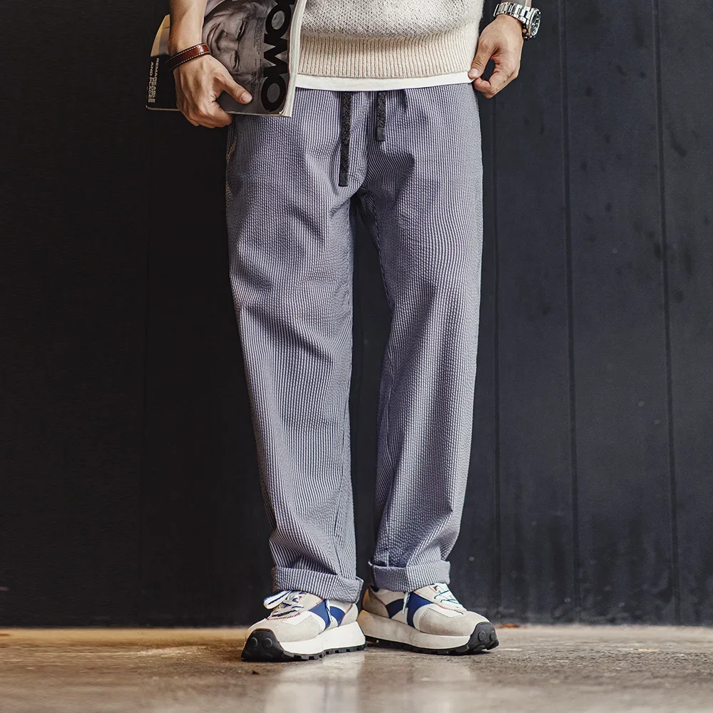 Maden Easypants Seersucker Striped Casual Pants Elastic Waist And Drawstring Design Iron-free Straight Trousers Men casual pants