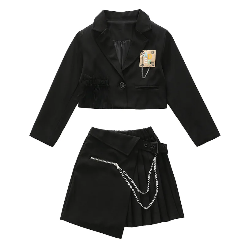 

New Fashion Girls Autumn Children's Wear College Style Suit Top + Chain Pleated Skirt 2ps Kids Boutique Clothing Kids Clothes