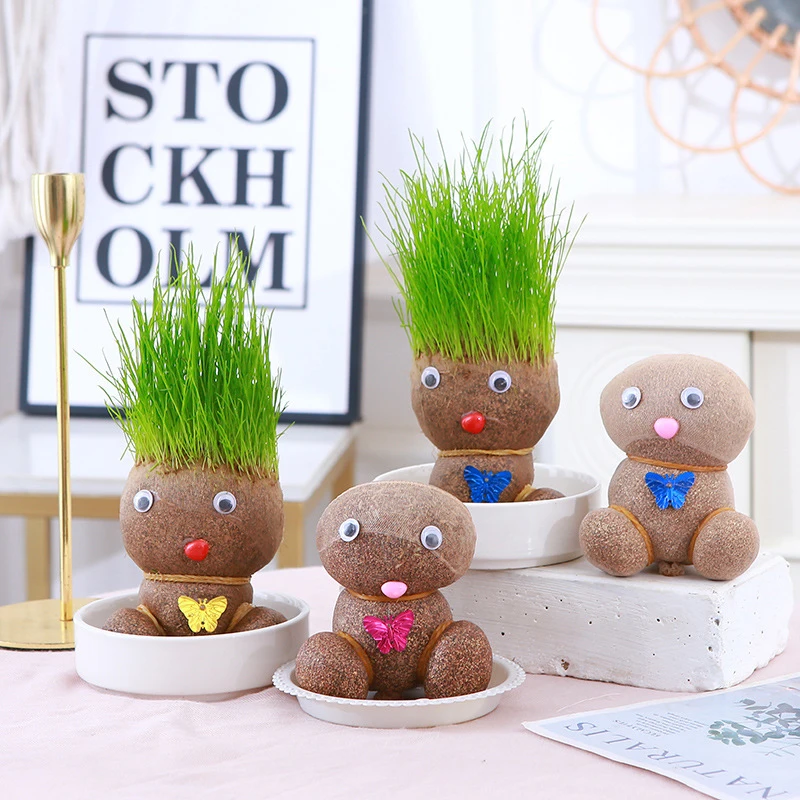 Grass Head Doll Plant Kit – Grow Your Own Desktop Greenery With Tray, Fun Decoration For Kids & Adults
