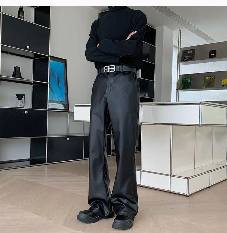 Men's Korean Streetwear Fashion Vintage Loose Causal Leather Micro Flared Pants Man American Style High Street Trousers