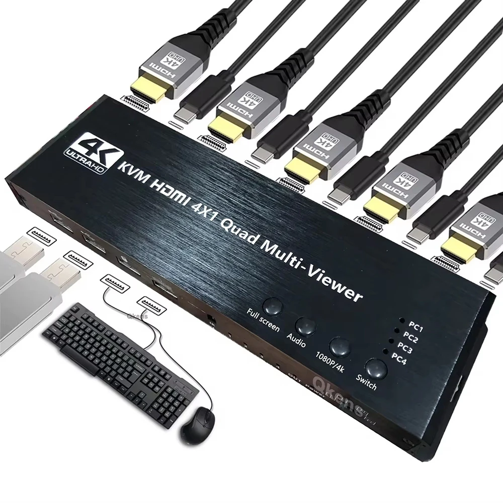 4 in 1 Out KVM HDMI Multiviewer Seamless Switch 4K 4X1 HDMI Quad Multi-viewer Mu