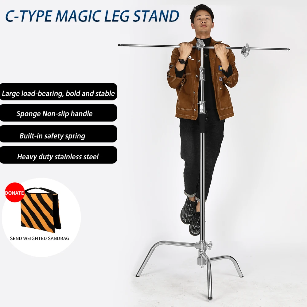 홀드 암 및 그립 헤드가 있는 C-스탠드 사진 스탠드, 스테인리스 스틸, 최대 높이 260cm, 조절 가능한 마법 다리 1 개