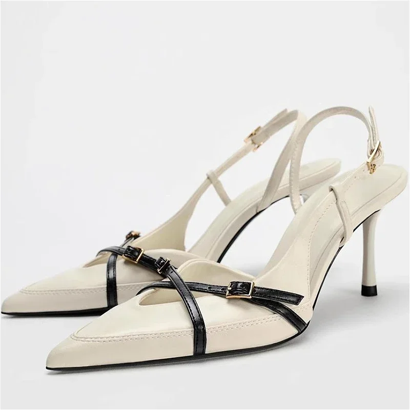 Women Slingback Sandals High Heels Pointed Toe Belt Buckle Mules Pumps