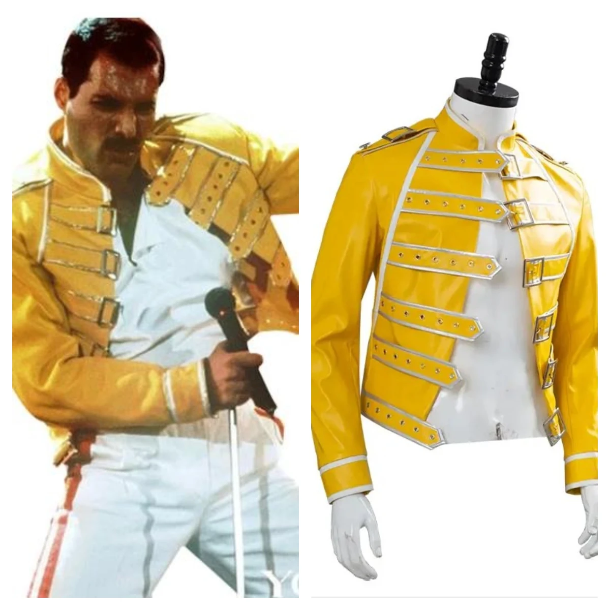 

Queen Lead Vocals Freddie Mercury Cosplay Costume Yellow Jacket Adult Men Outfit Coat Cosplay Halloween Carnival Costume