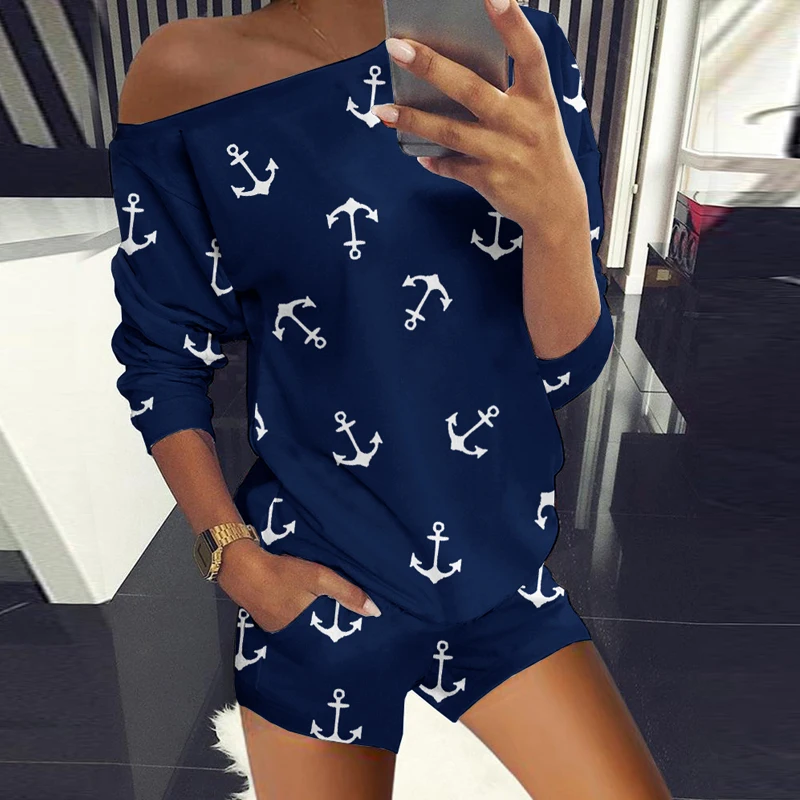 

suit shorts t-shirts women two-piece Hot style women's clothing collar Boat Anchor printing long sleeve shirt female women