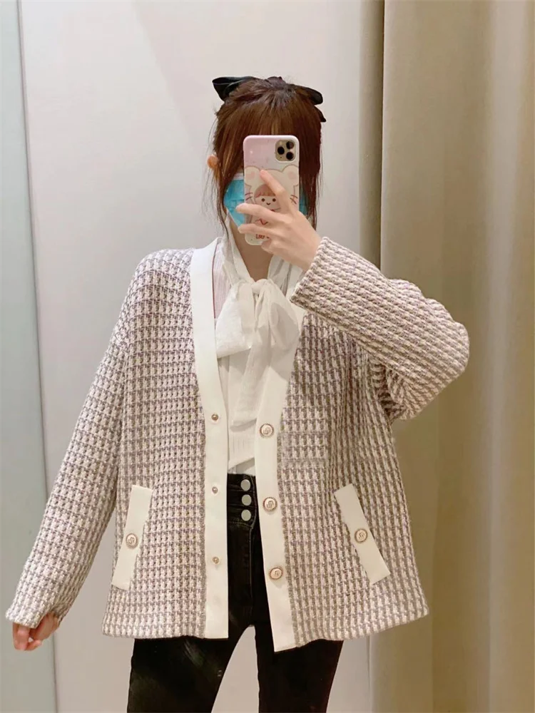 

Clearance Price 2024 New Women Contrast Tweed Weaving Coat V-Neck Single Breasted Simple Long Sleeve Ladies Spring Jacket