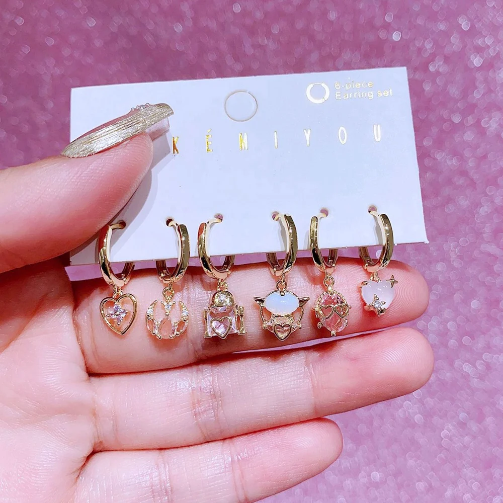 MIGGA 6pcs Mixed Pink Stone Outer Space Movie Hoop Earrings Set Gold Plated Cubic Zircon Women Jewelry 4