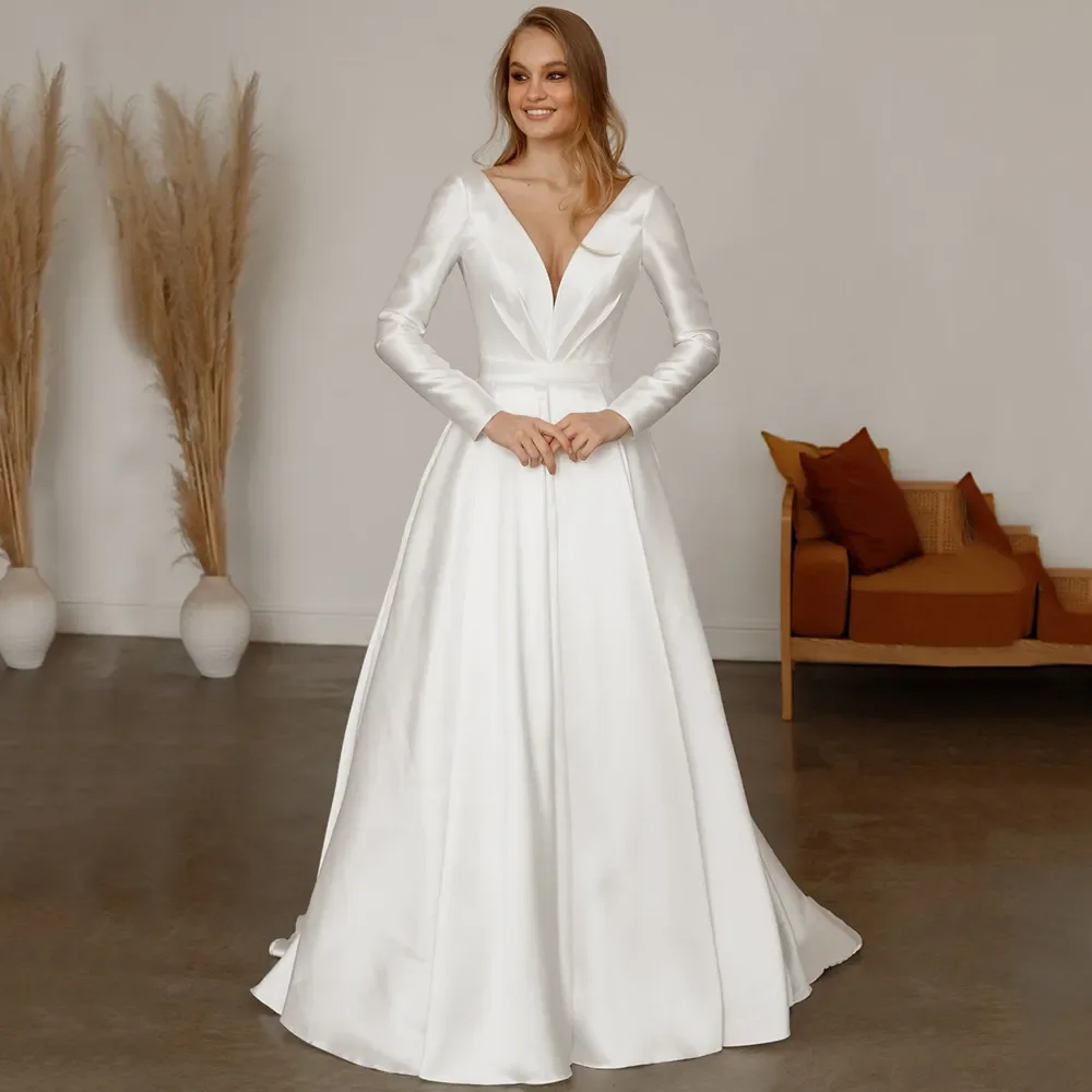 Elegant Long Sleeve A-Line Wedding Dresses 2023 Deep V-Neck Bridal Floor Length Open Back with Sweep Train Bride Civil Gowns