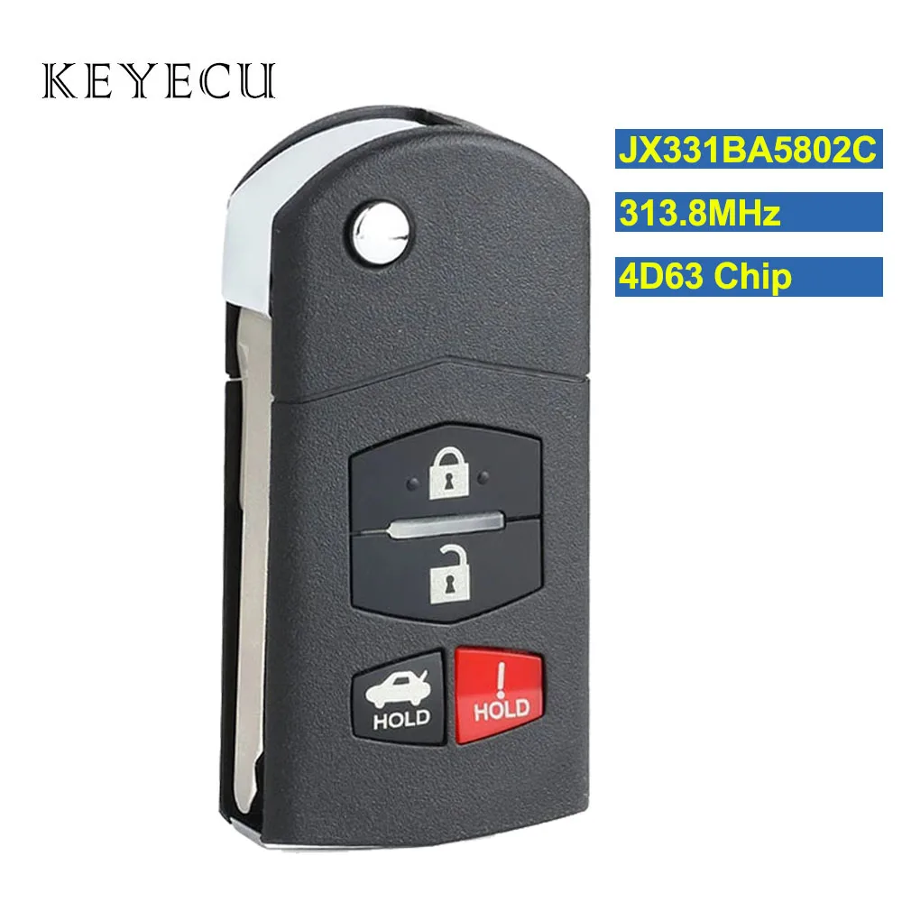 Keyecu Folding Flip Remote Control Car Key Fob 4 Buttons 313.8mhz 4d63