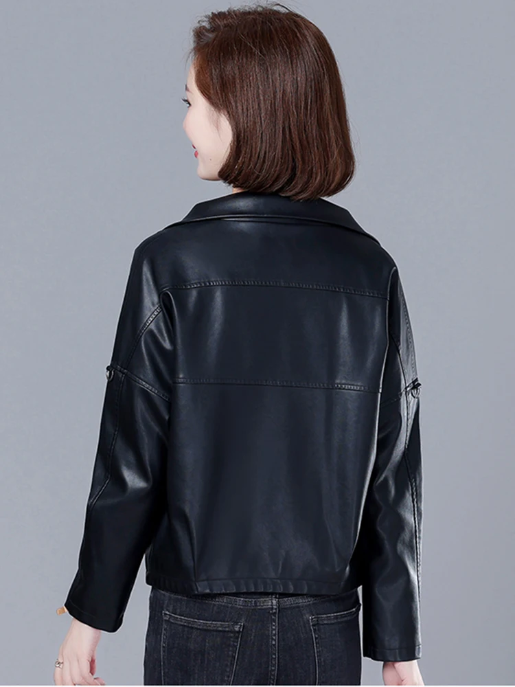 New Women Sheep Leather Jacket Spring Autumn Fashion Stand Collar Casual Loose Split Leather Outerwear Short Leather Coat