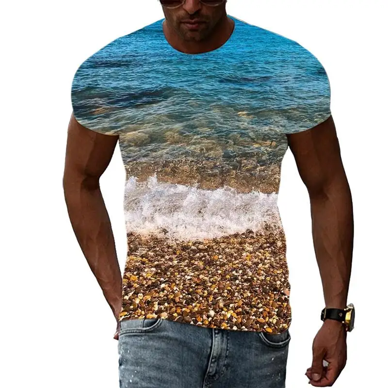 

Summer Leisure Seaside Pattern Men's T-shirt Hip Hop 3D Print Personality Rod Neck Short Sleeve Tops Fashion Clothes Two