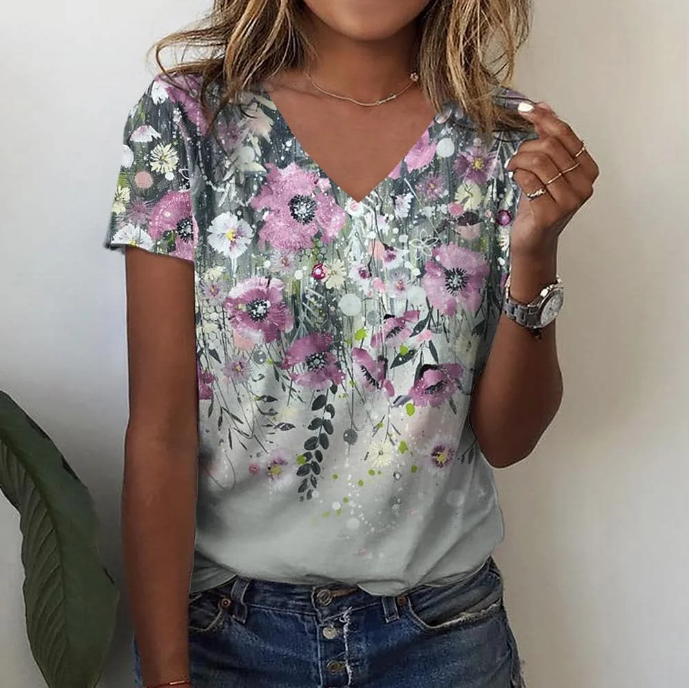 

Fashion Women'S T-Shirt 3d Flowers Print Clothing V-Neck Short Sleeve Tops Summer Harajuku Ladies Pullover Oversized Female Tees