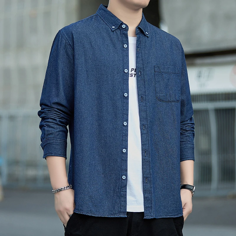 Spring Autumn Men's Denim Shirts Cotton Long Sleeve Solid Color Slim Casual Shirts Mens Blue Streetwear Daily Jean Blouse Tops