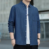 Spring Autumn Men's Denim Shirts Cotton Long Sleeve Solid Color Slim Casual Shirts Mens Blue Streetwear Daily Jean Blouse Tops 1