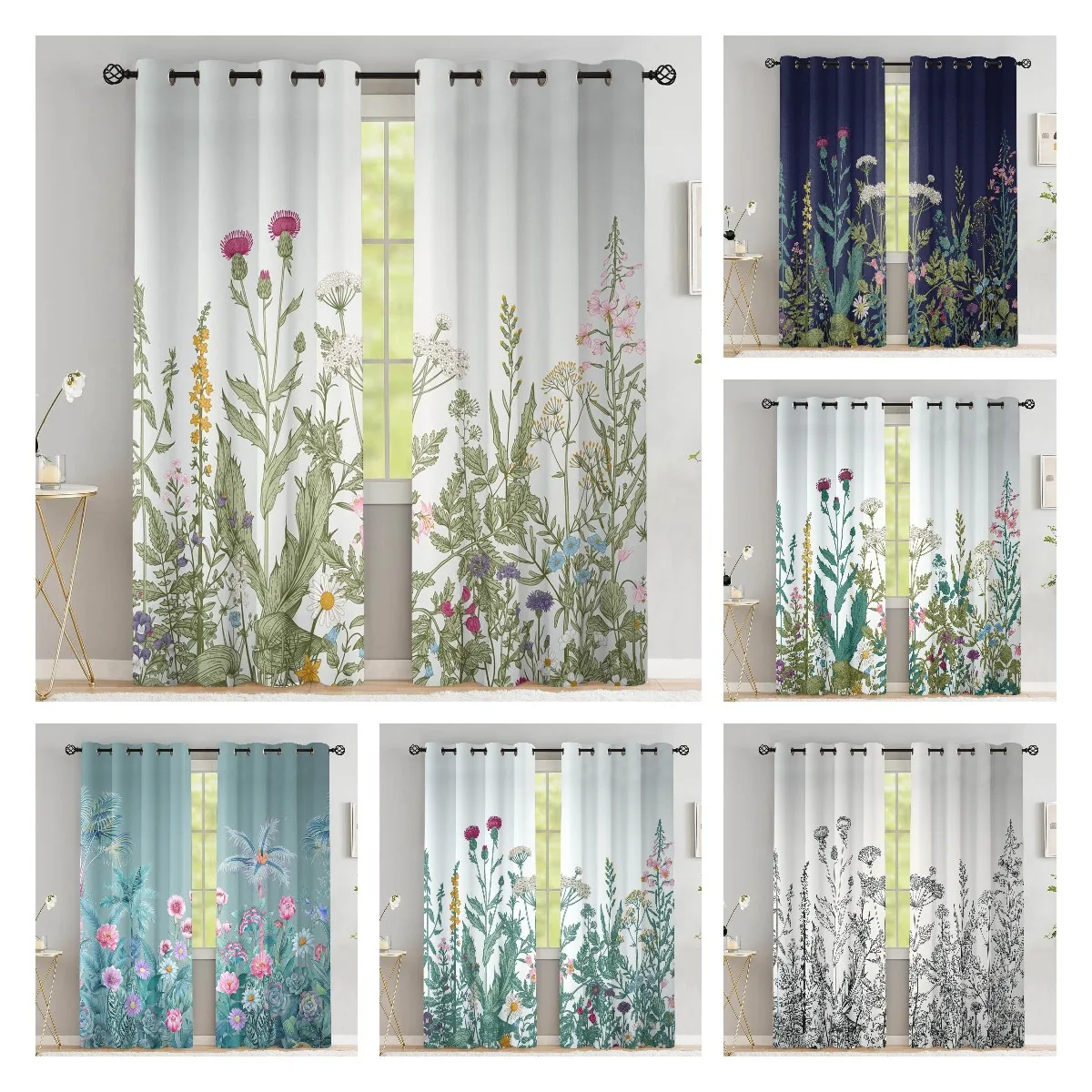Flower Curtains Black White Leaf Curtains for Bedroom Floral Plant