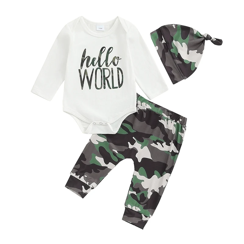 Baby Boys 3PCS Outfit Sets Long Sleeve Letter Print Romper Camouflage Pants Hat Sets