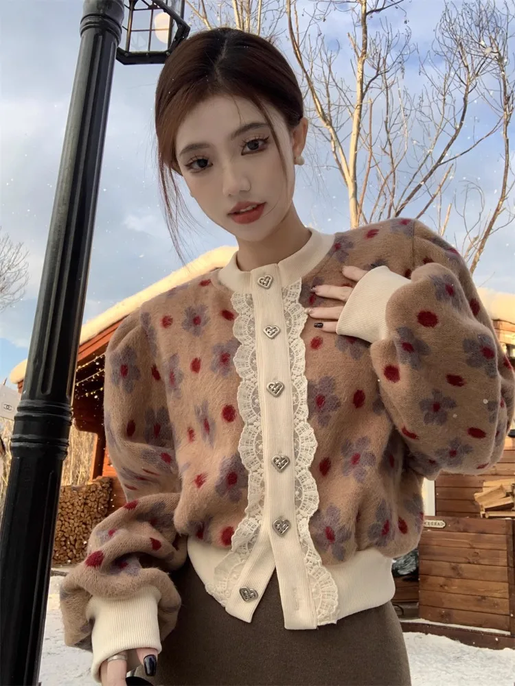 Korobov 여성용 루즈 니트 빈티지 스웨터, O넥 퍼프 슬리브 가디건, 한국 패션, Y2k, 가을, 겨울
