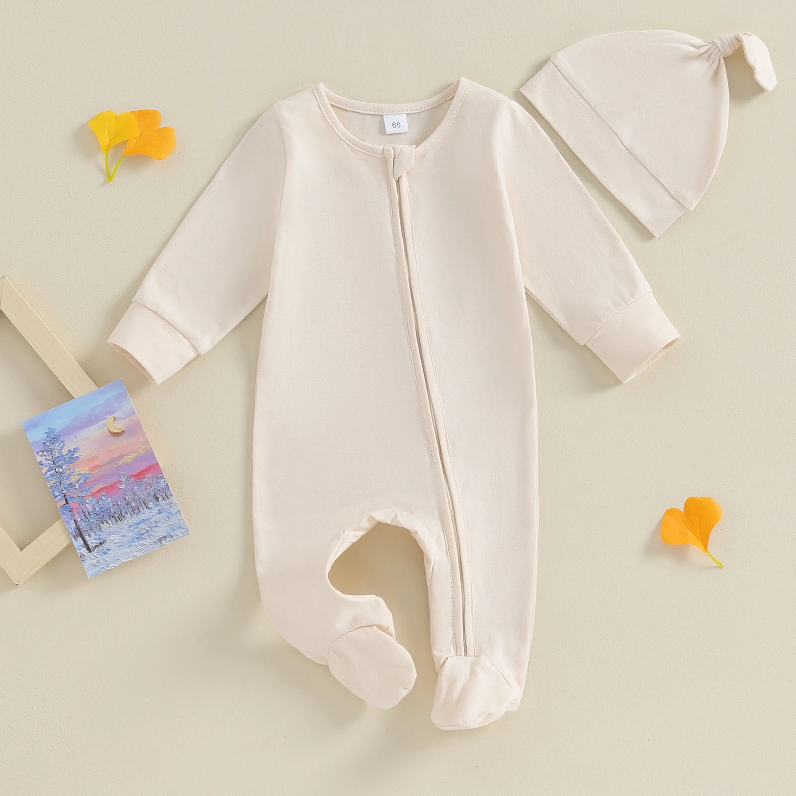 Ma & baby 0-6M   소년 소녀 점프 슈트 부드러운 긴 소매 지퍼 Romper + 모자 가을 봄  복장 의류