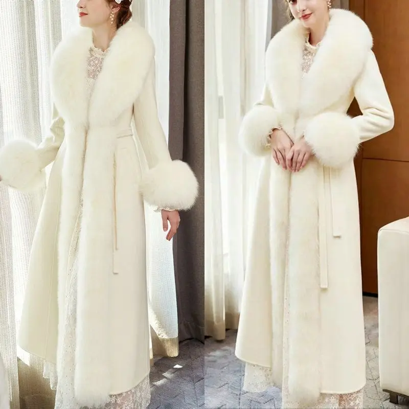 Mink Coat Women's Long Cashmere Jacket Winter Fox Fur Collar Extra Thick Parkas Woolen Overcoat Tiktok New Imitation Fur Outwear