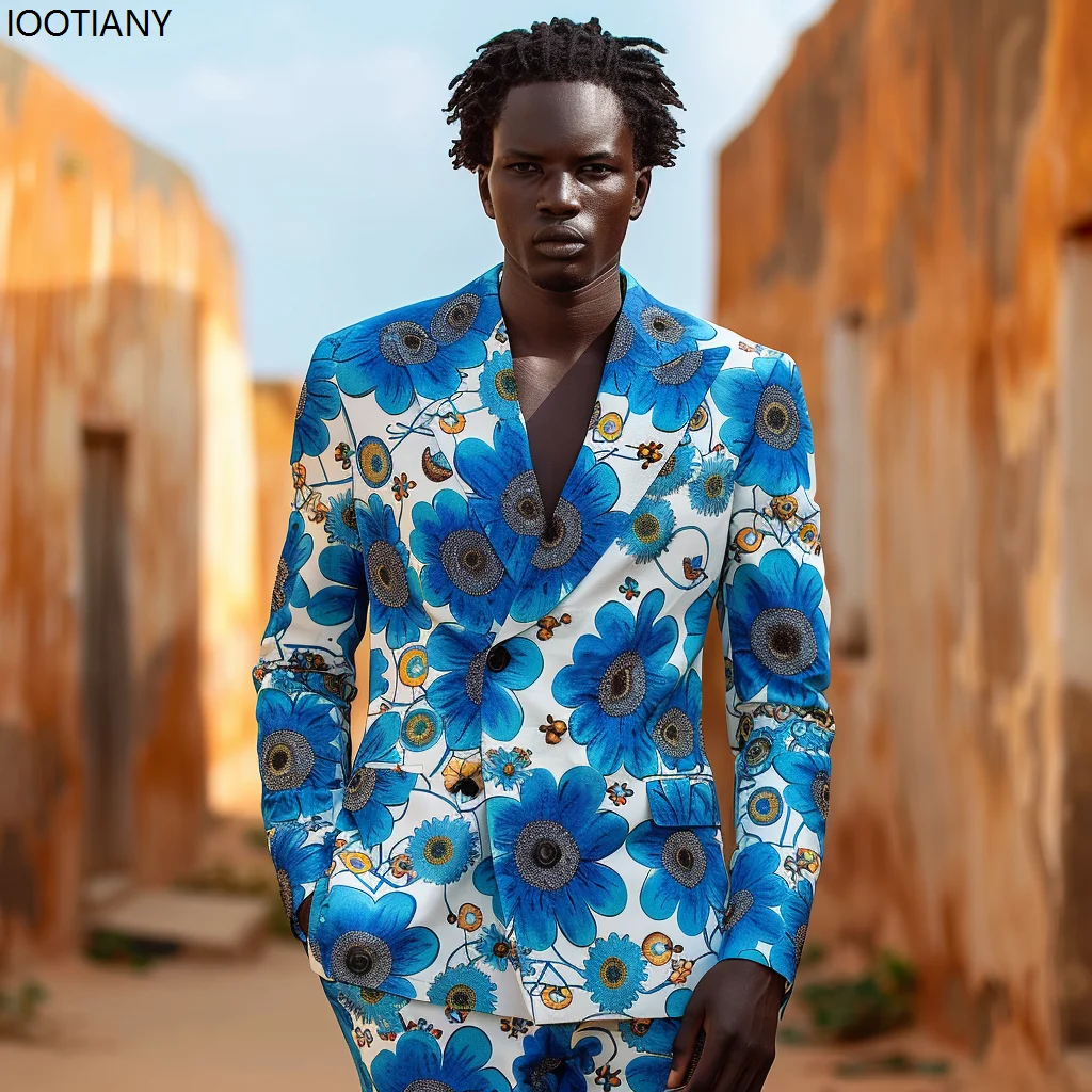 Men Colorful Flower Print Tailored Suit Casual Vintage Sunflower Daisy Floral Blazer Pant Party Dress Shiny Cool Showing Suits