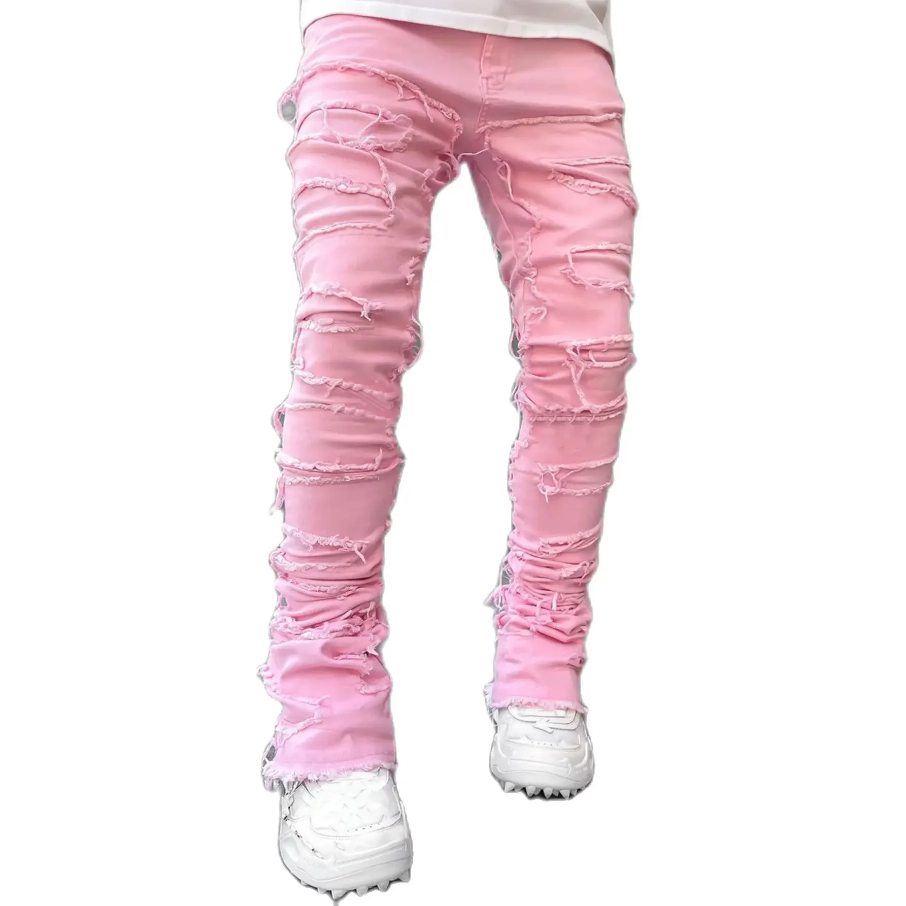 High Street White Men's Stacked Jeans Stretched Patchwork Tassel Damaged Denim Full Length Pants Hip-pop Trousers For Male 3