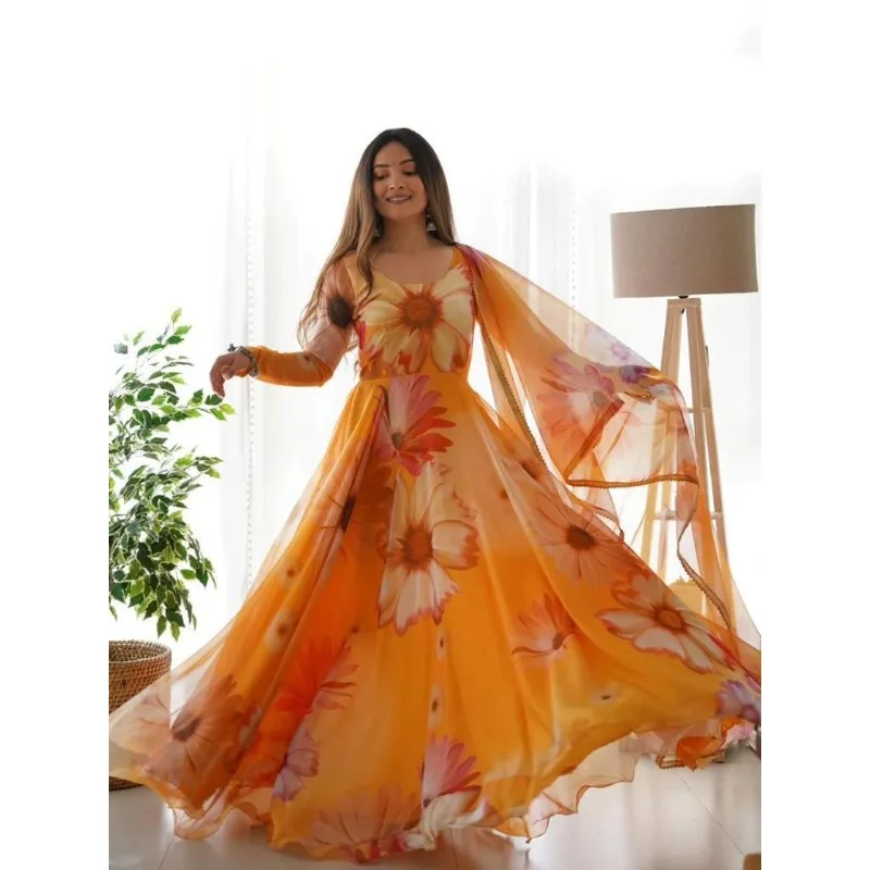 

Organza Yellow Anarkali Gown Set Indian Women Salwar Kameez for Festival