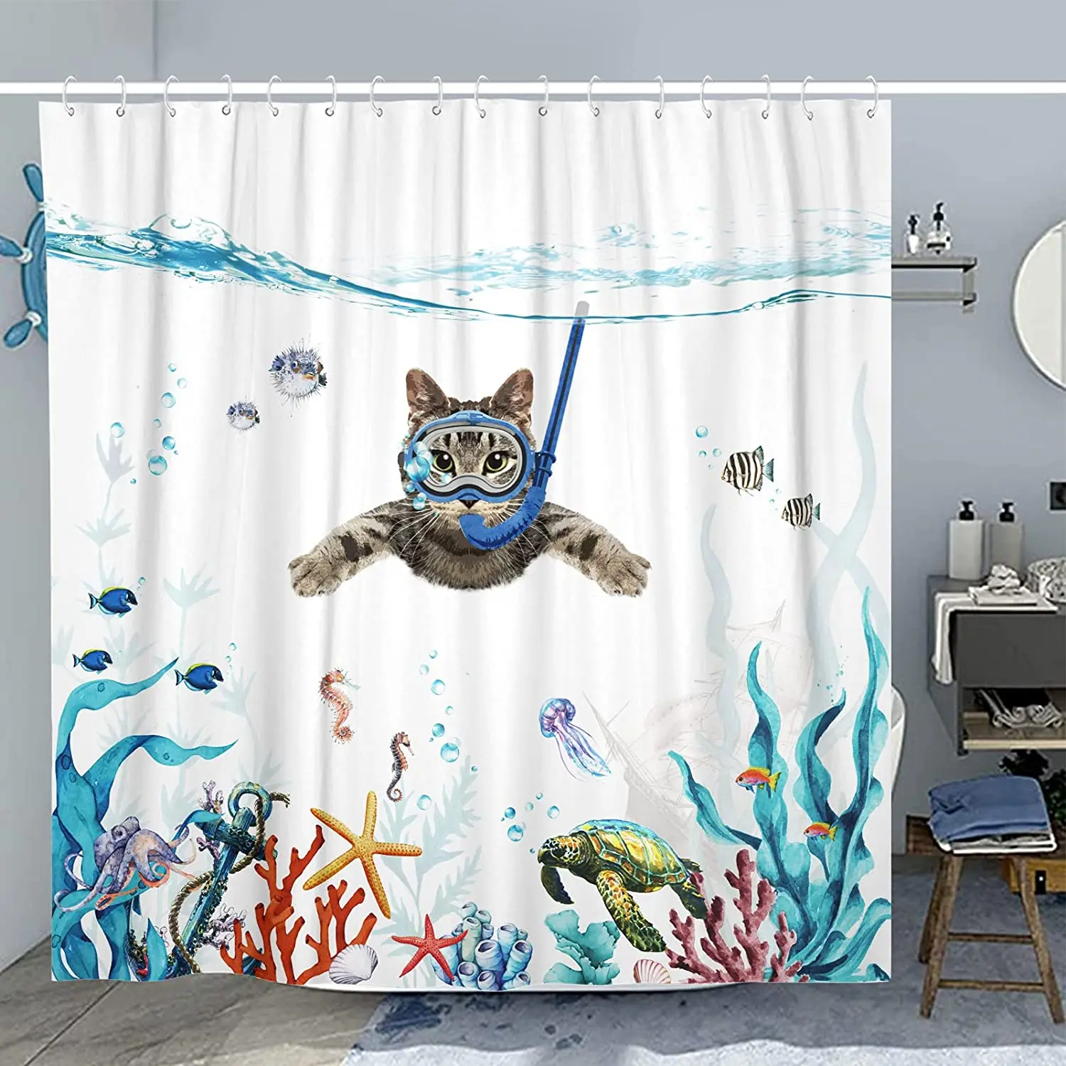 Funny Cat Shower Curtains Bathroom Blue Teal Shower Curtain Funny