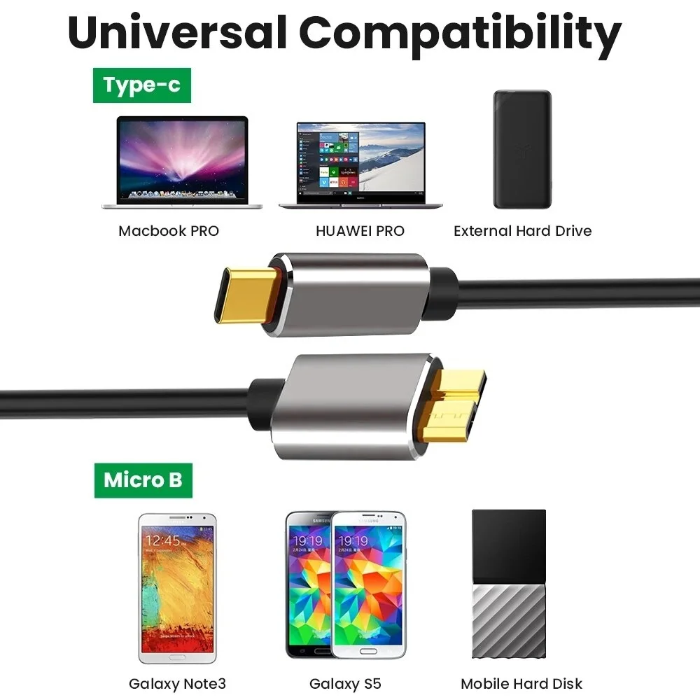 USB 3.0 타입 C - 마이크로 B 케이블 (외장 하드 드라이브 HDD 데이터 동기화 및 파일 전송용) - 도시바, 시게이트, WD, 레노버 PC, 노트북용