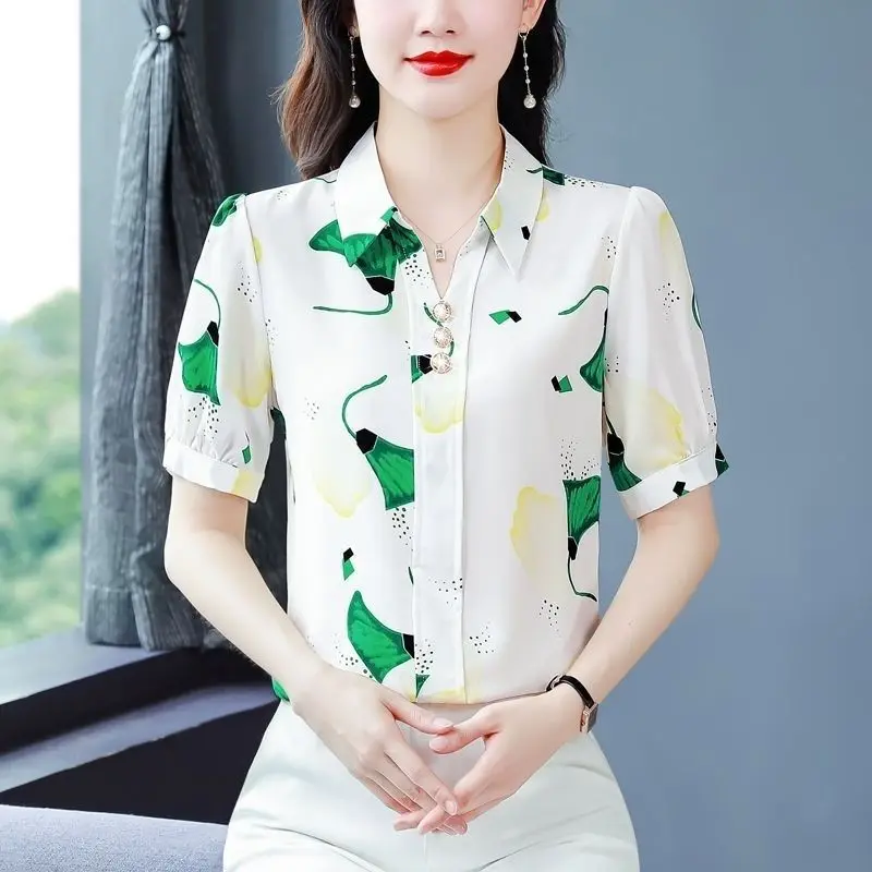 

6XL Women Spring Summer Blouses Shirts Lady Fashion Casual Short Sleeve Turn-down Collar Printing Blusas Tops G2800