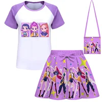 KPop Demon Hunters Child Pleated Skirt Set Cartoon Rumi Mira Zoey T-shirt Short Skirts Suit Girls Kawaii Summer Casual Clothing