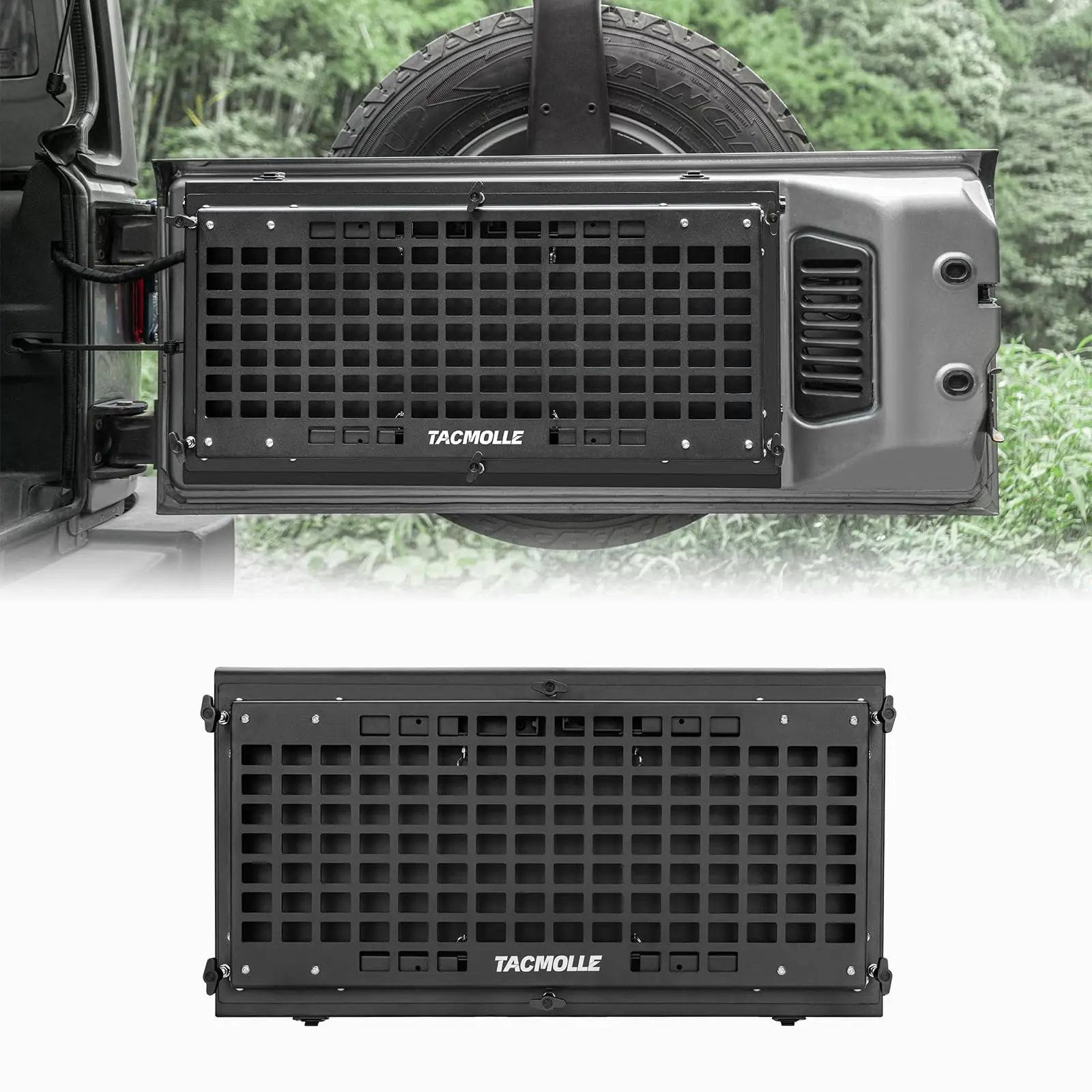 TACMOLLE 트렁크 테일게이트 도구 카고 보관함 (숨겨진 테이블 포함) MOLLE 시스템 (지프 랭글러 JK JKU / JL JLU 2007-2024)