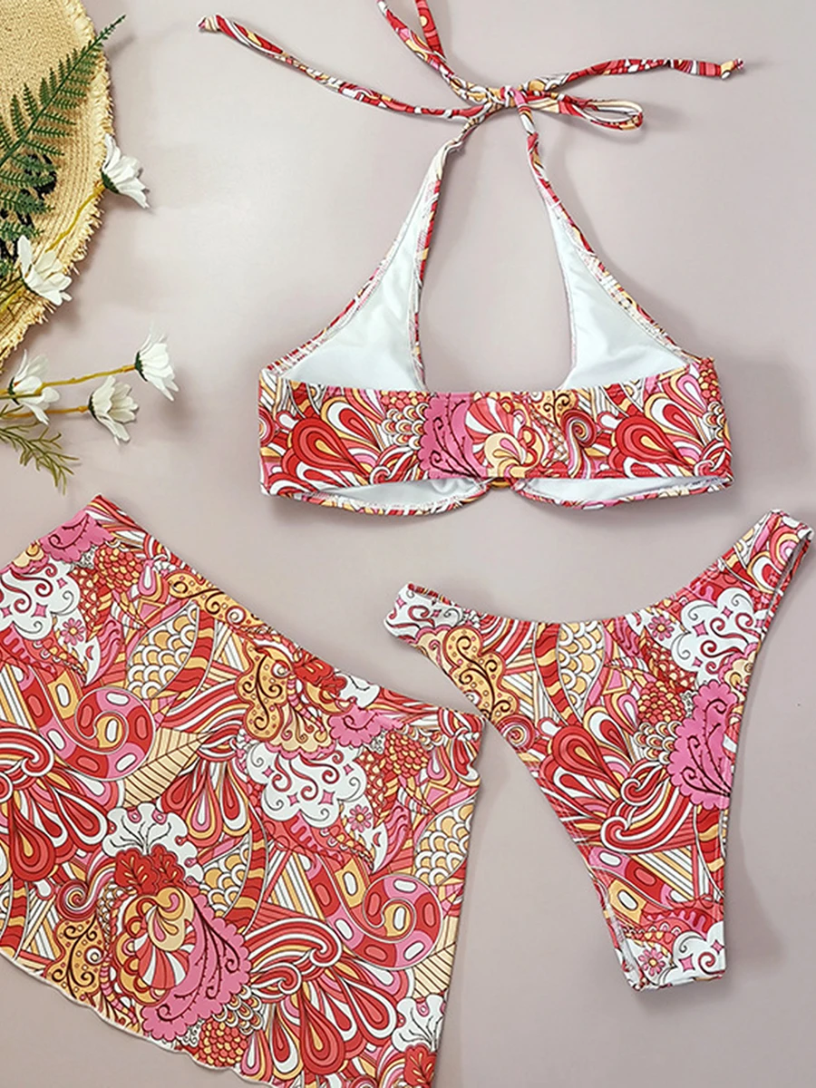 

Women s Floral Print 3-Piece Bikini Set Halter Tie-up Swim Bra High Waist Panty and Cover Skirt for a Sexy Swimwear Ensemble